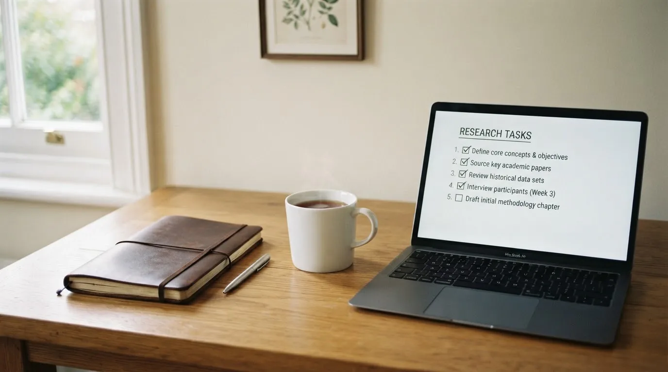 A tidy desk with a notebook, a mug of tea and a laptop open to a checklist, morning light through a window.