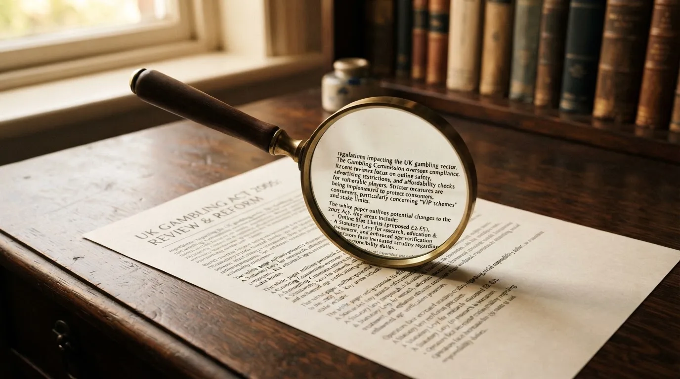 A magnifying glass rests over a printed regulatory certificate on a wooden desk.