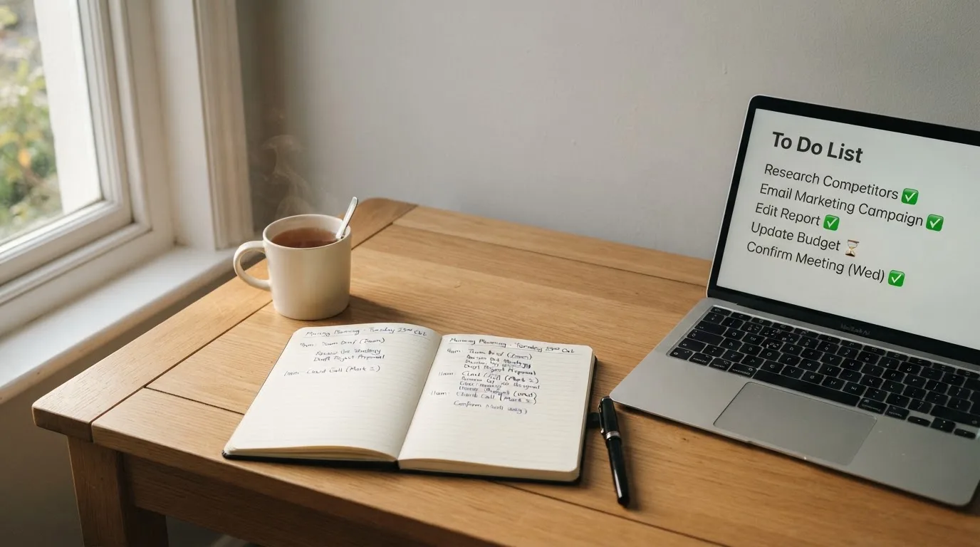 A tidy desk with a notebook, a mug of tea and a laptop open to a checklist, morning light through a window.
