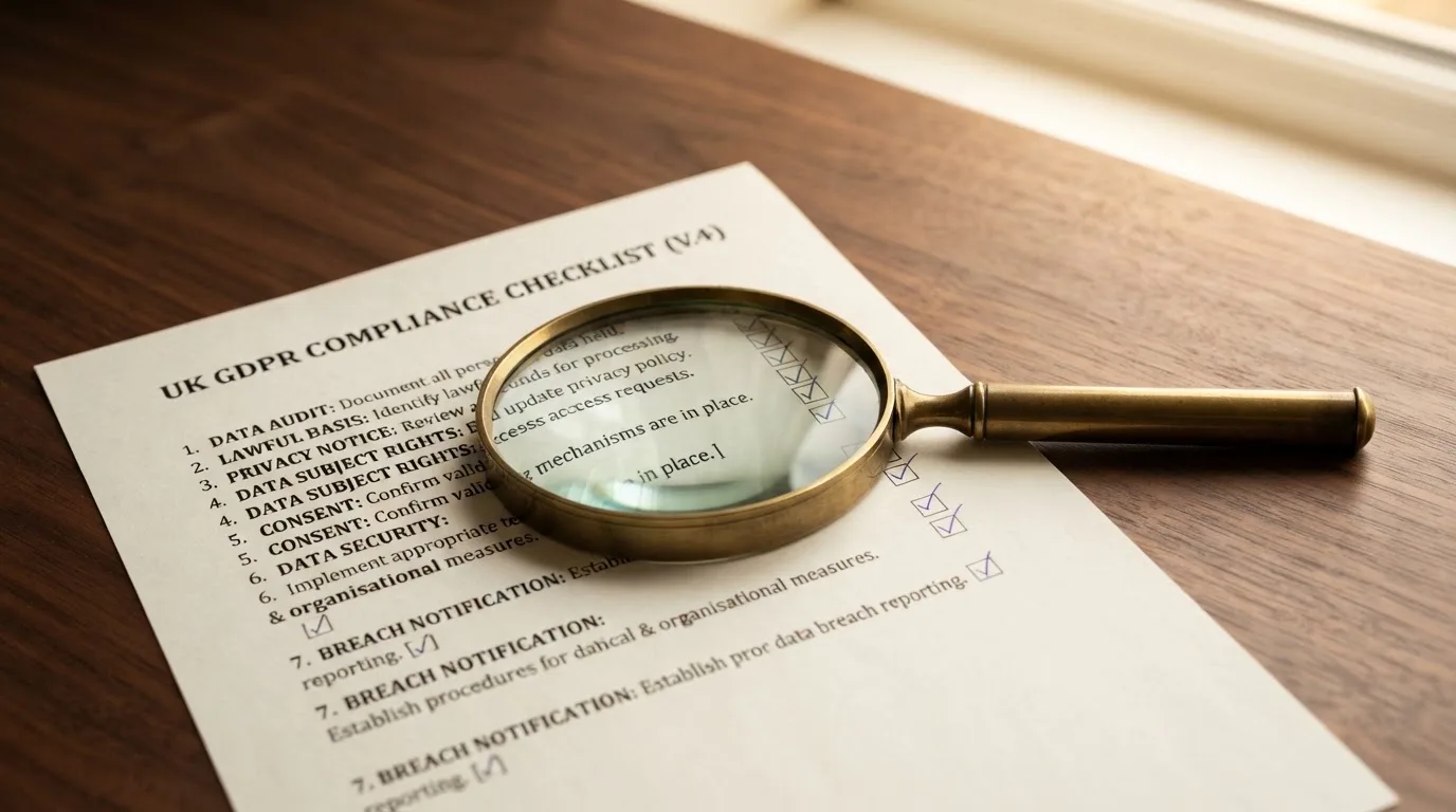 A magnifying glass rests over a printed regulatory certificate on a wooden desk.