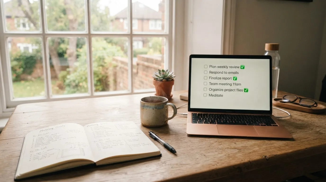 A tidy desk with a notebook, a mug of tea and a laptop open to a checklist, morning light through a window.