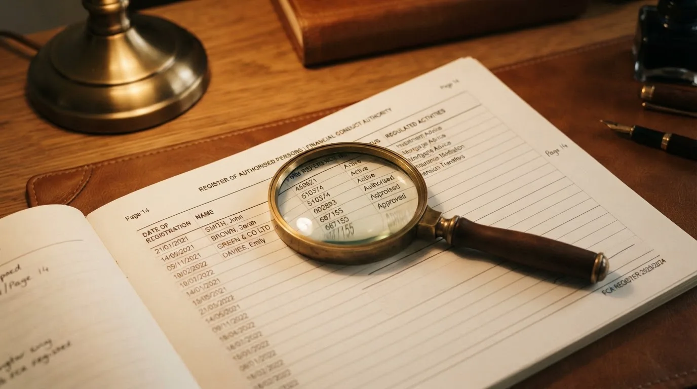 A magnifying glass rests over a printed regulatory certificate on a wooden desk.
