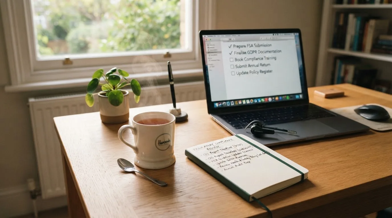 A tidy desk with a notebook, a mug of tea and a laptop open to a checklist, morning light through a window.