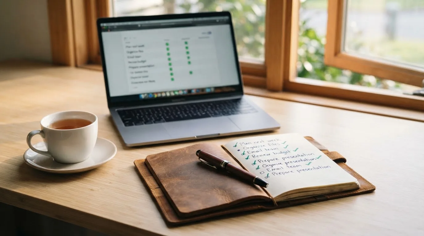 A tidy desk with a notebook, a mug of tea and a laptop open to a checklist, morning light through a window.