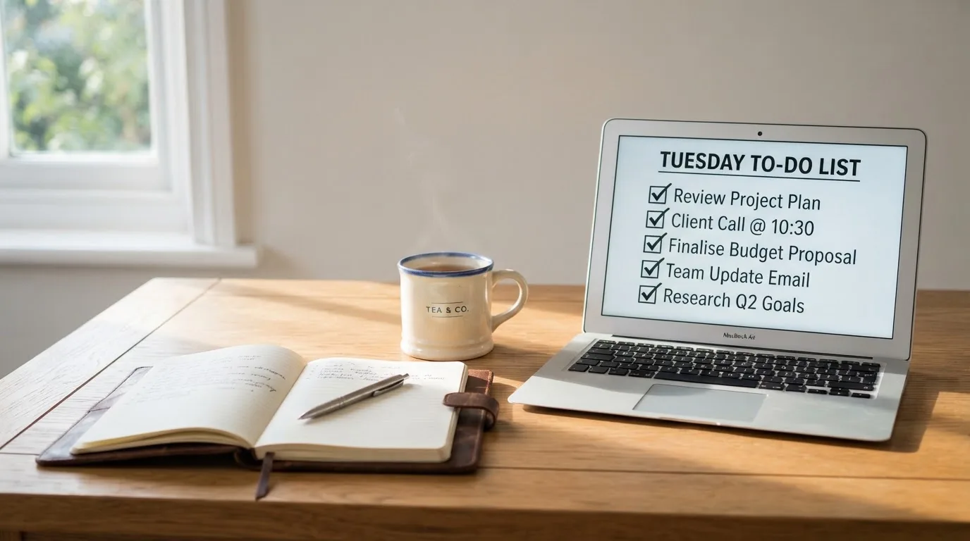A tidy desk with a notebook, a mug of tea and a laptop open to a checklist, morning light through a window.