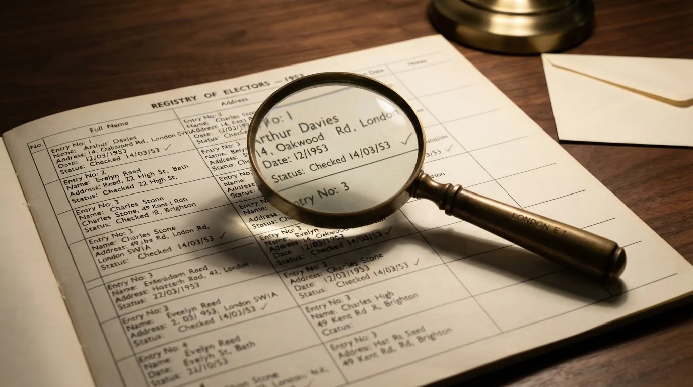 A magnifying glass rests over a printed regulatory certificate on a wooden desk.