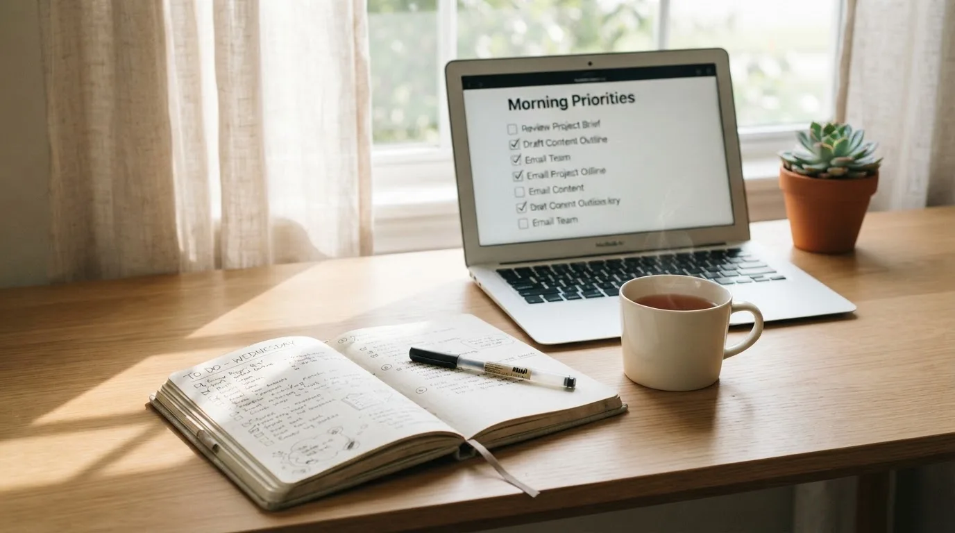 A tidy desk with a notebook, a mug of tea and a laptop open to a checklist, morning light through a window.