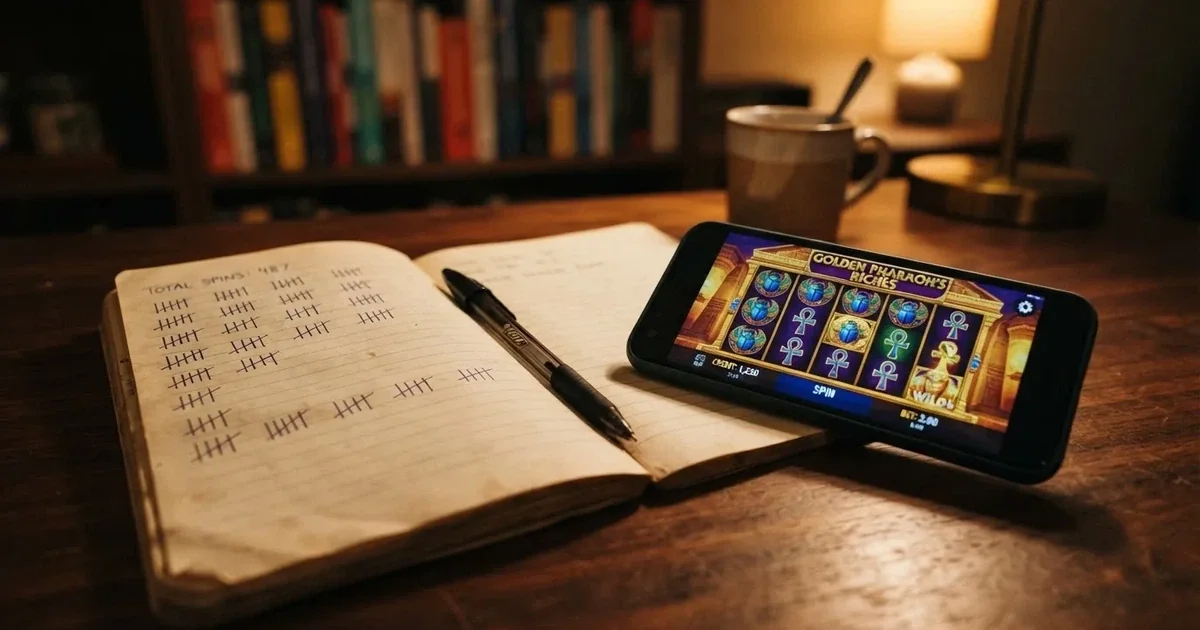 A notepad with a tally of spin counts rests beside a smartphone displaying a slot-reel icon on a desk.