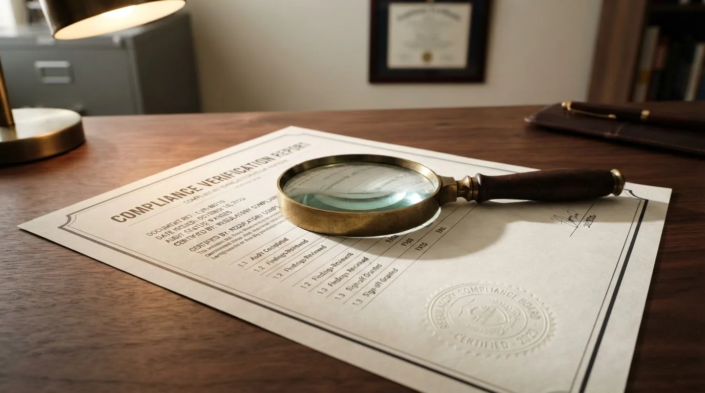 A magnifying glass rests over a printed regulatory certificate on a wooden desk.