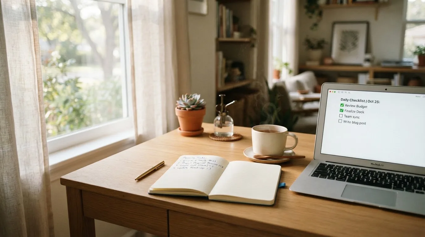 A tidy desk with a notebook, a mug of tea and a laptop open to a checklist, morning light through a window.
