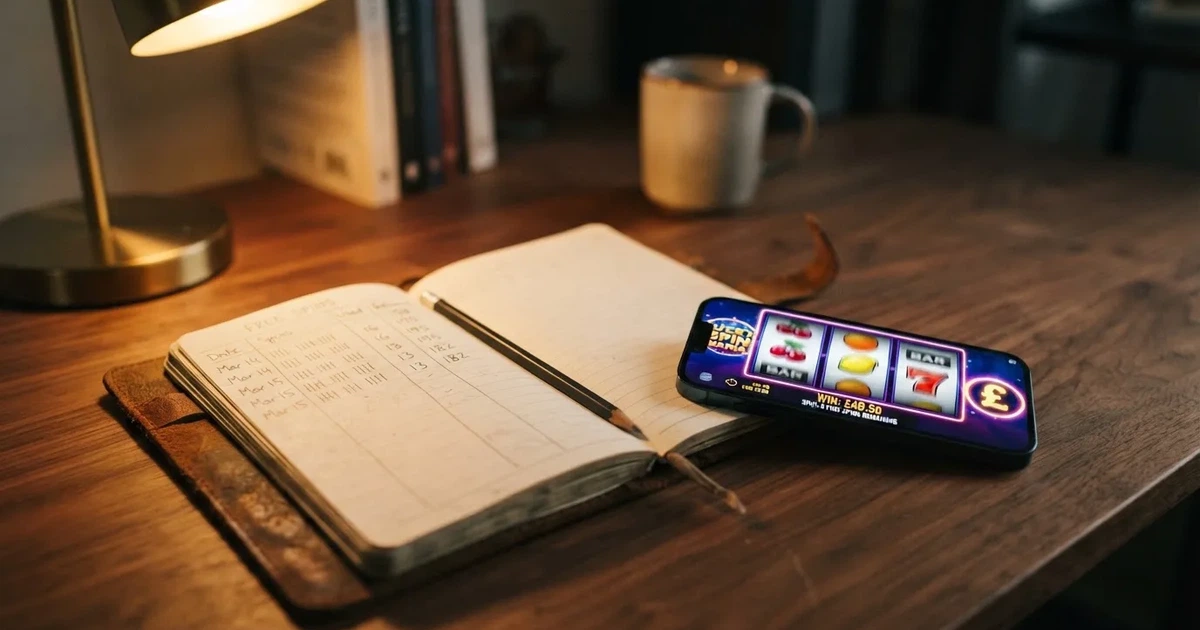 A notepad with a tally of spin counts rests beside a smartphone displaying a slot-reel icon on a desk.