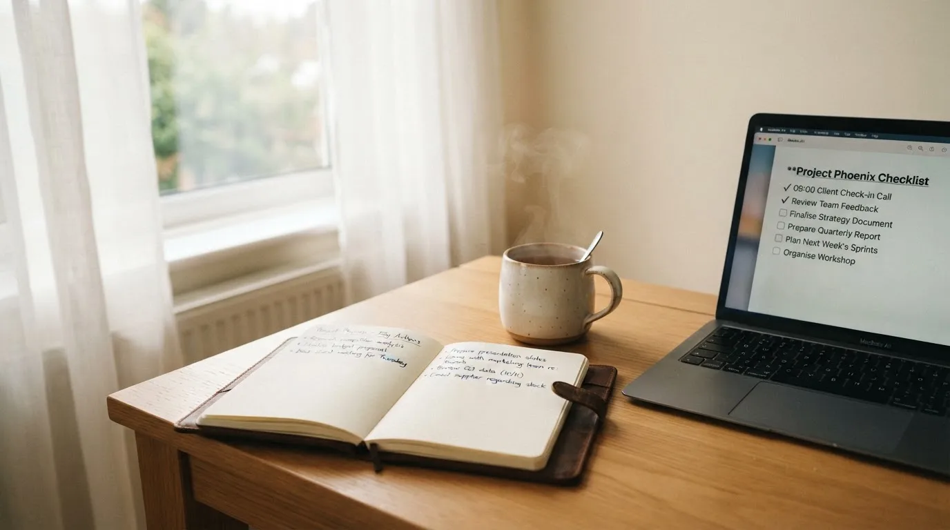 A tidy desk with a notebook, a mug of tea and a laptop open to a checklist, morning light through a window.