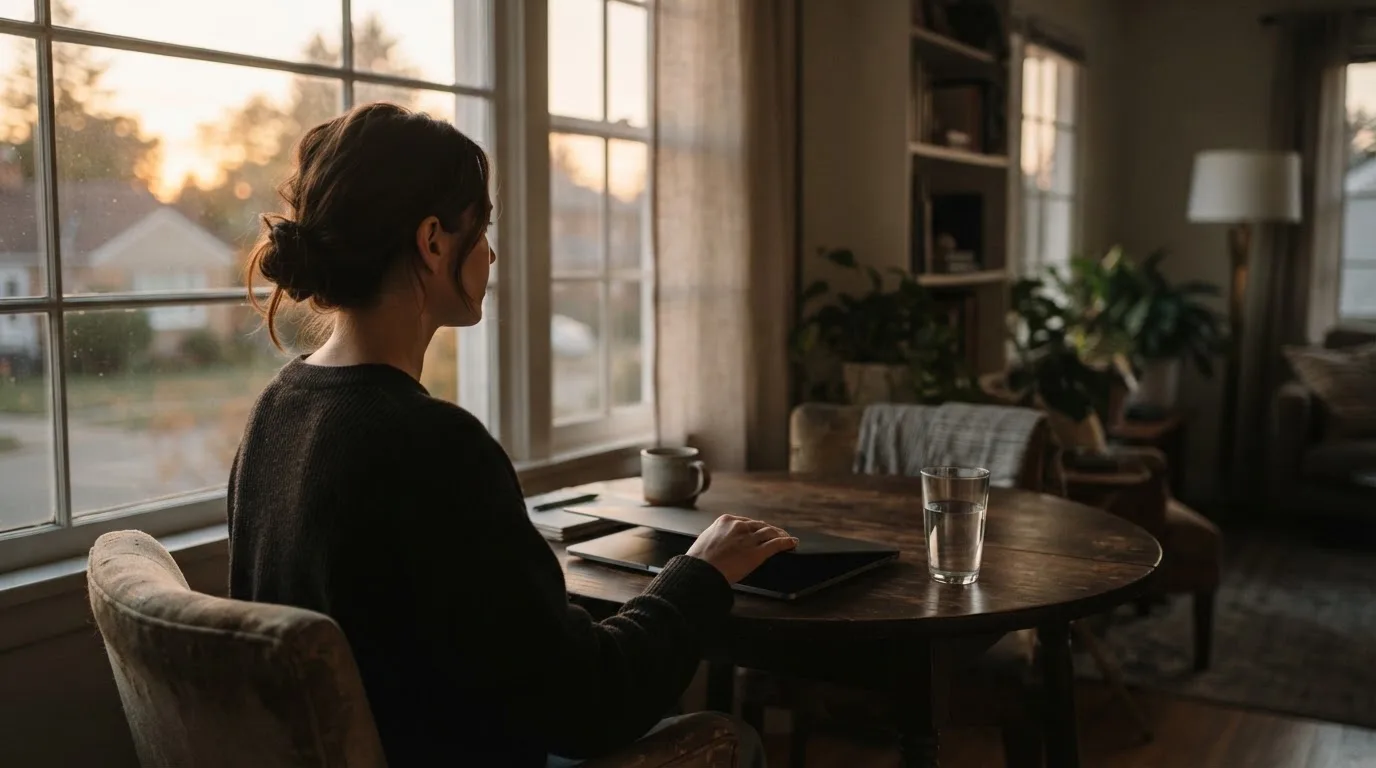 A person closes a laptop and looks out of a window at dusk, a glass of water on the table beside them.