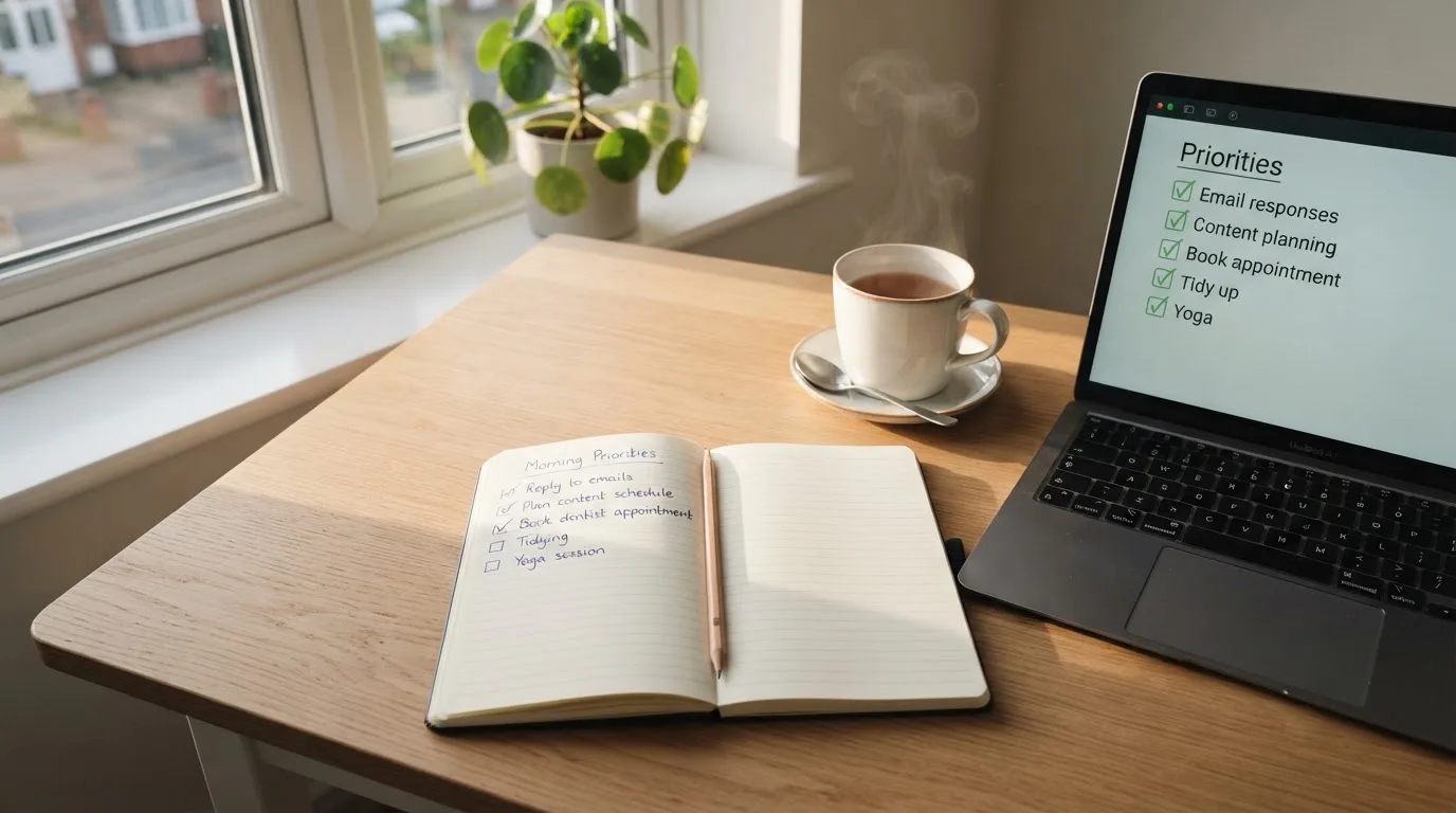 A tidy desk with a notebook, a mug of tea and a laptop open to a checklist, morning light through a window.
