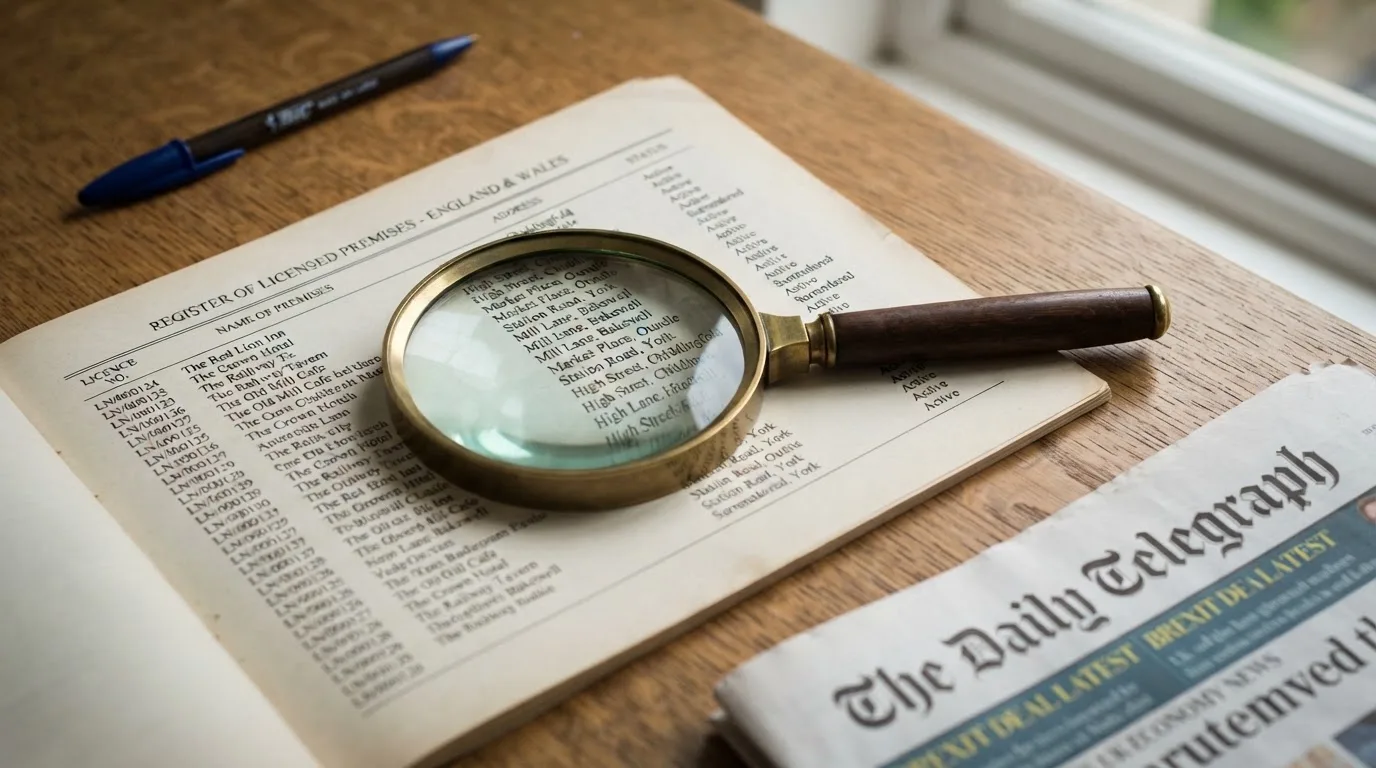 A magnifying glass rests over a printed regulatory certificate on a wooden desk.