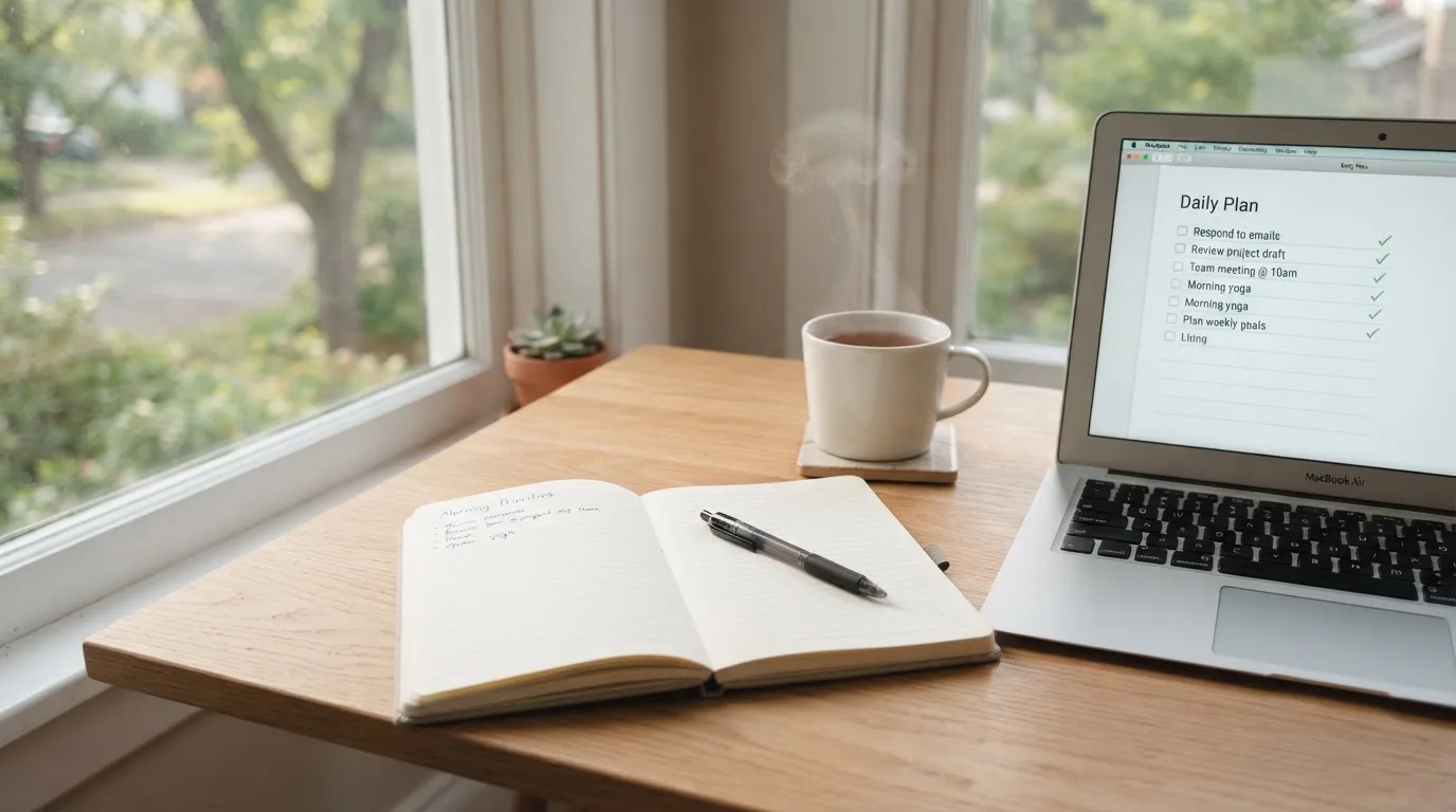 A tidy desk with a notebook, a mug of tea and a laptop open to a checklist, morning light through a window.