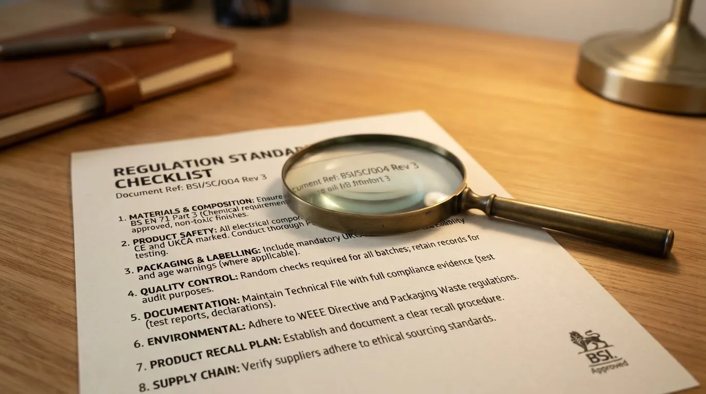 A magnifying glass rests over a printed regulatory certificate on a wooden desk.