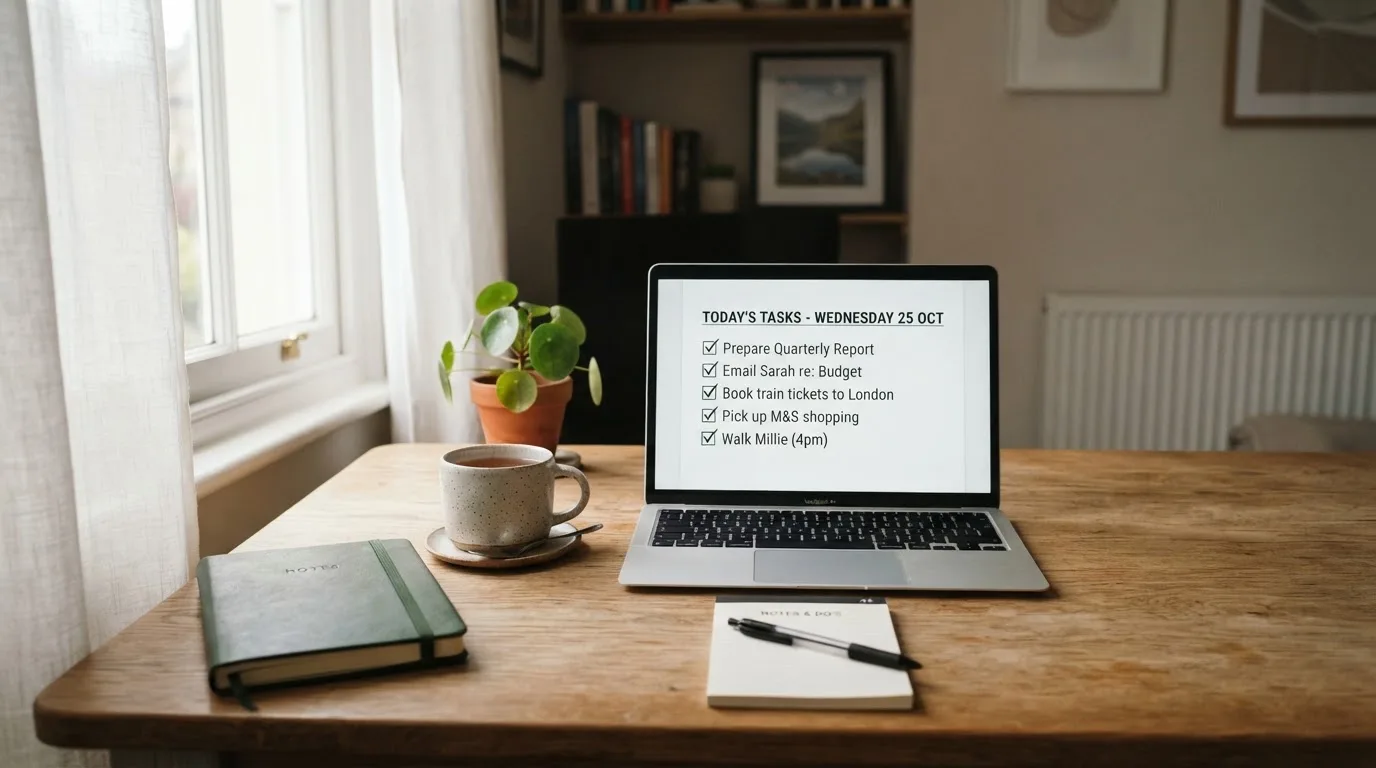 A tidy desk with a notebook, a mug of tea and a laptop open to a checklist, morning light through a window.