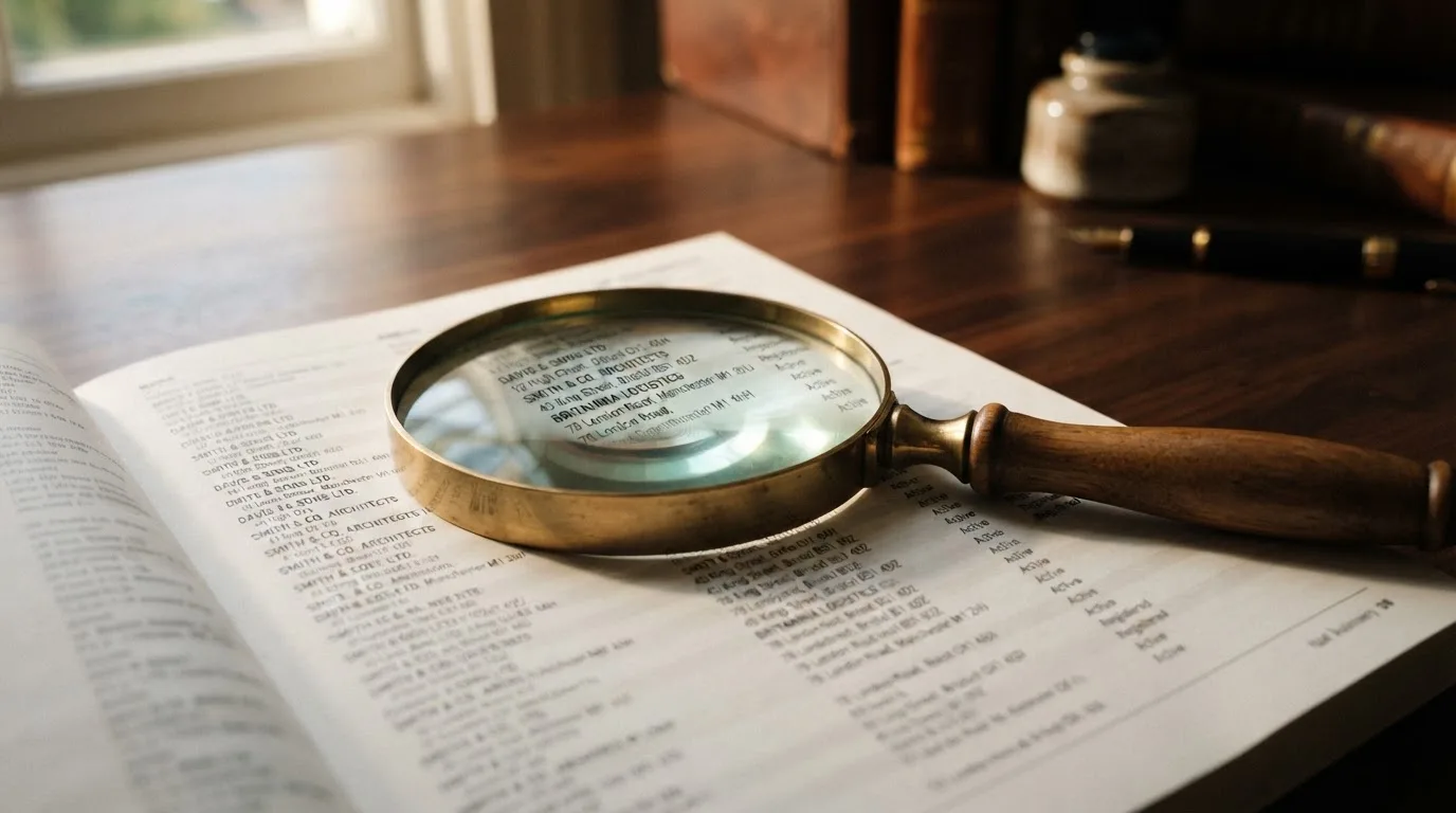 A magnifying glass rests over a printed regulatory certificate on a wooden desk.