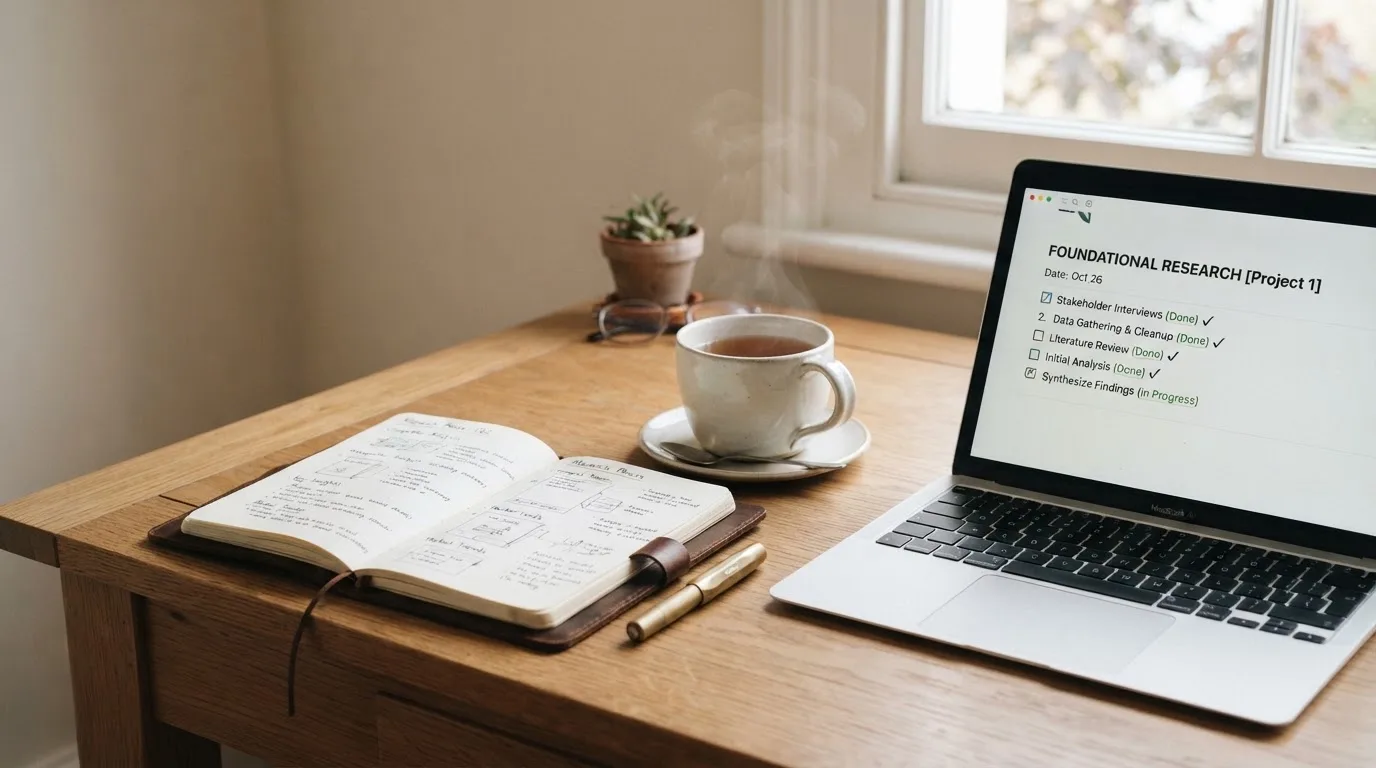 A tidy desk with a notebook, a mug of tea and a laptop open to a checklist, morning light through a window.