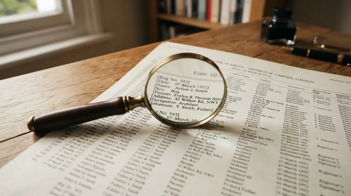 A magnifying glass rests over a printed regulatory certificate on a wooden desk.