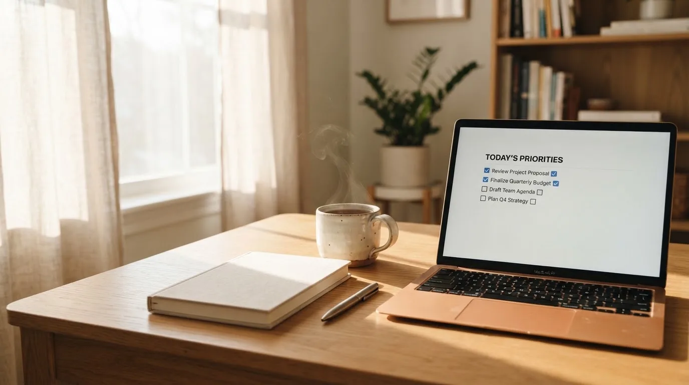 A tidy desk with a notebook, a mug of tea and a laptop open to a checklist, morning light through a window.