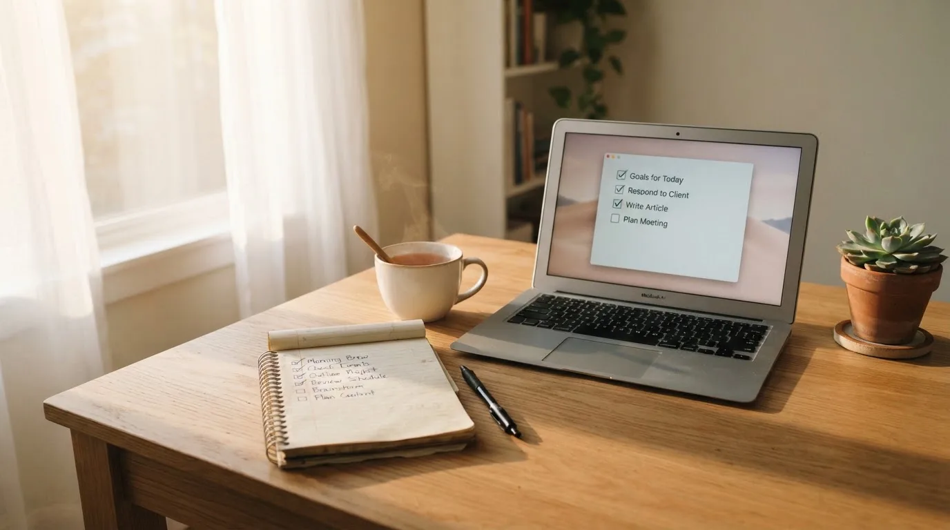 A tidy desk with a notebook, a mug of tea and a laptop open to a checklist, morning light through a window.