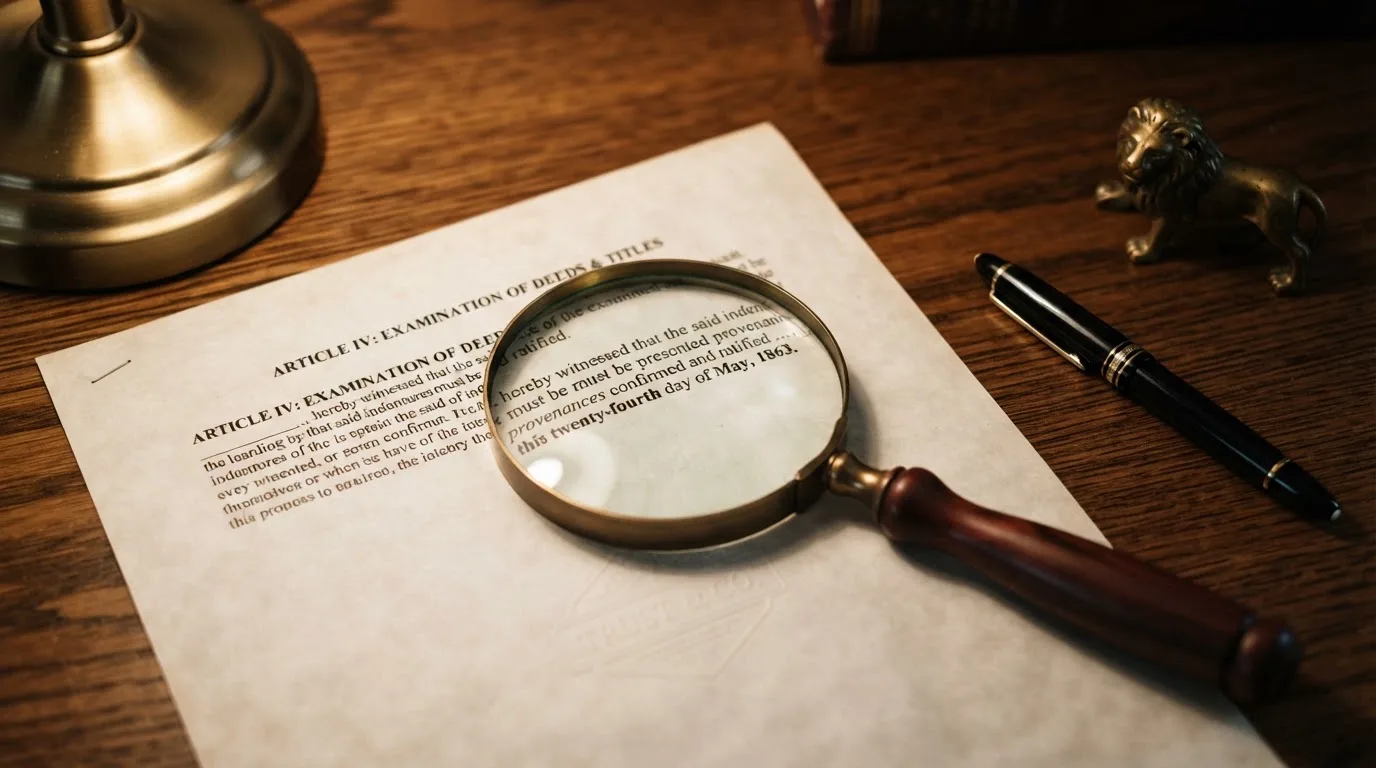 A magnifying glass rests over a printed regulatory certificate on a wooden desk.