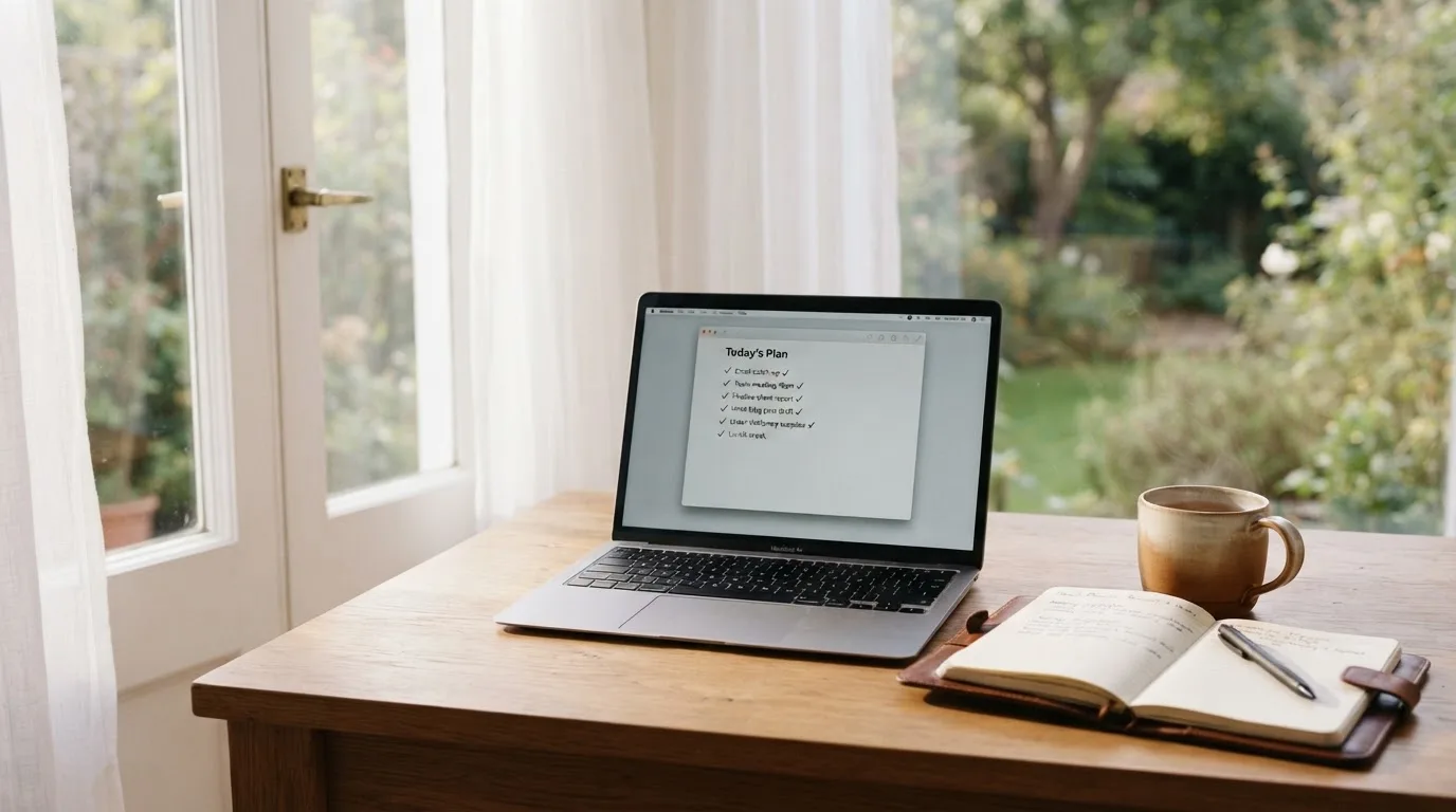 A tidy desk with a notebook, a mug of tea and a laptop open to a checklist, morning light through a window.