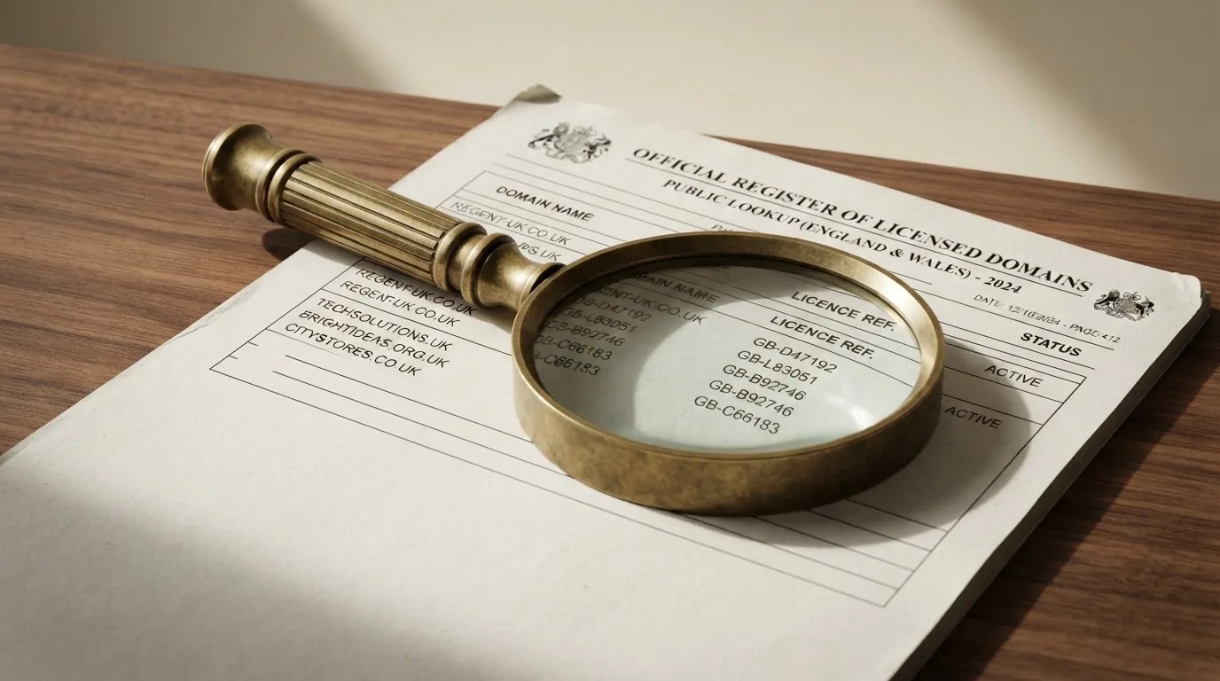 A magnifying glass rests over a printed regulatory certificate on a wooden desk.