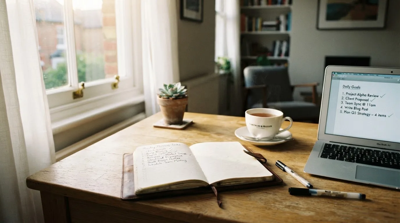 A tidy desk with a notebook, a mug of tea and a laptop open to a checklist, morning light through a window.