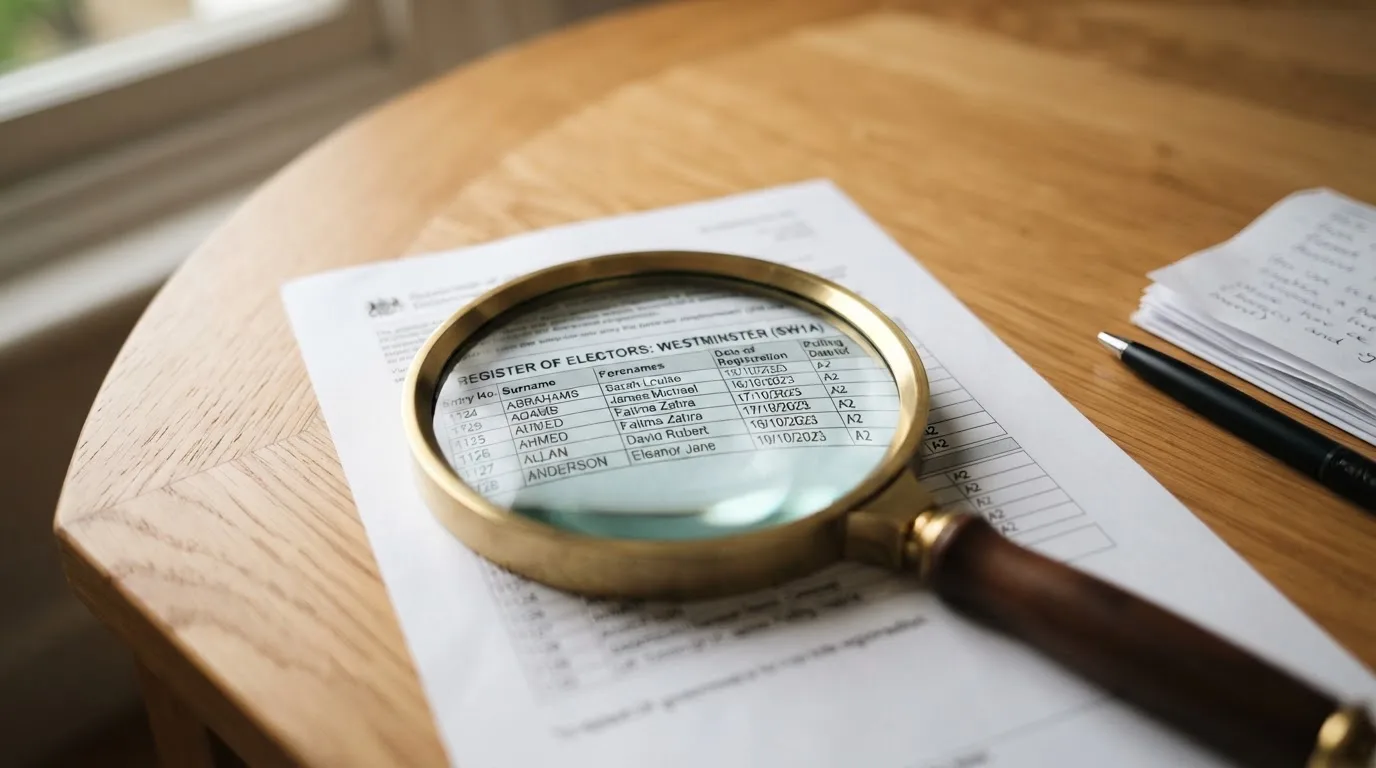 A magnifying glass rests over a printed regulatory certificate on a wooden desk.