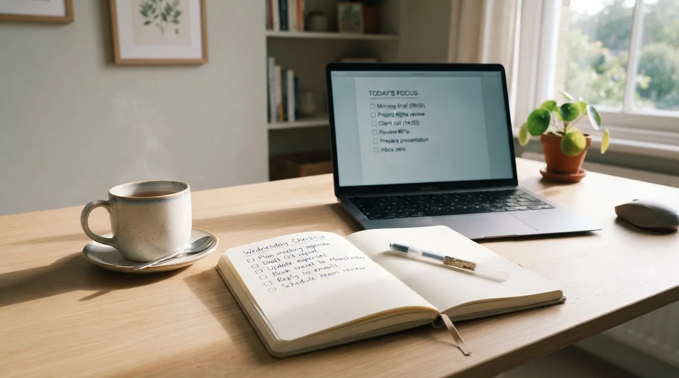 A tidy desk with a notebook, a mug of tea and a laptop open to a checklist, morning light through a window.