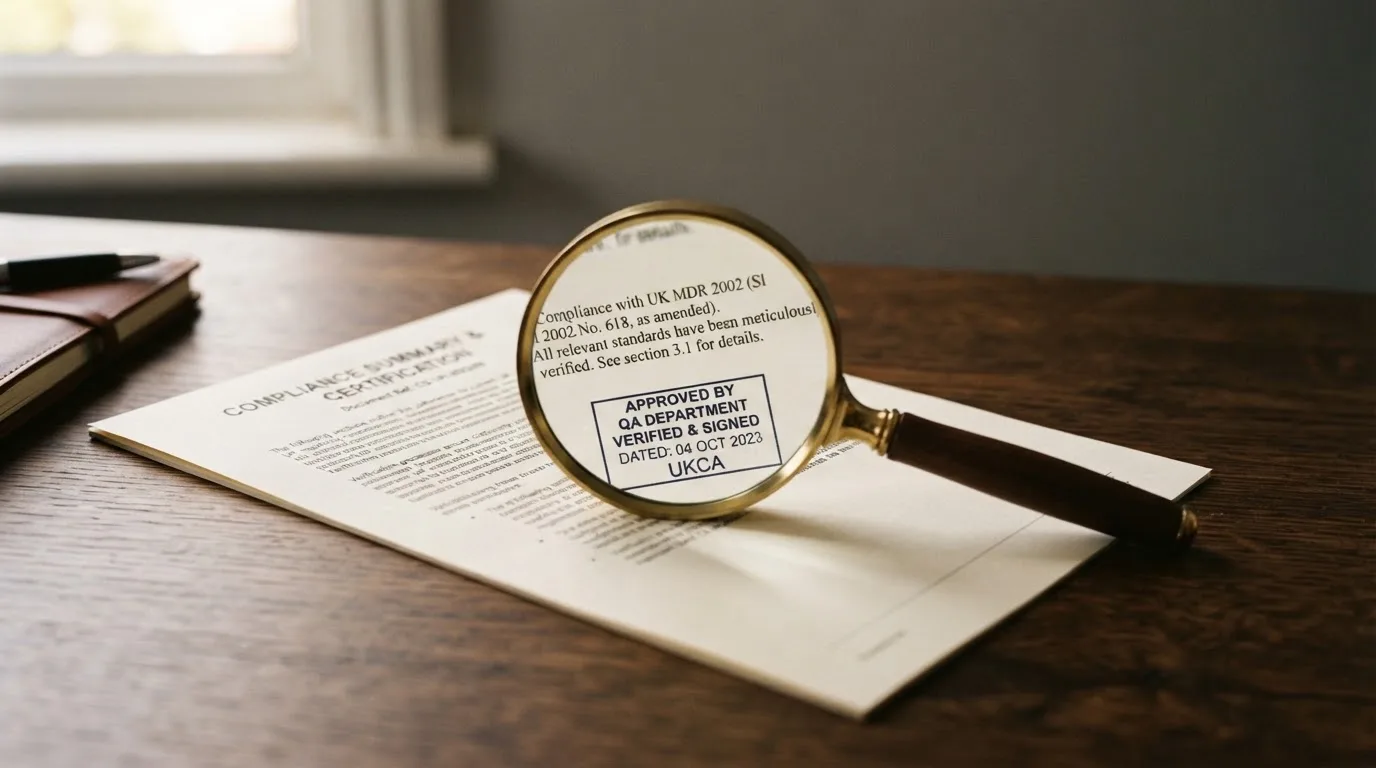 A magnifying glass rests over a printed regulatory certificate on a wooden desk.