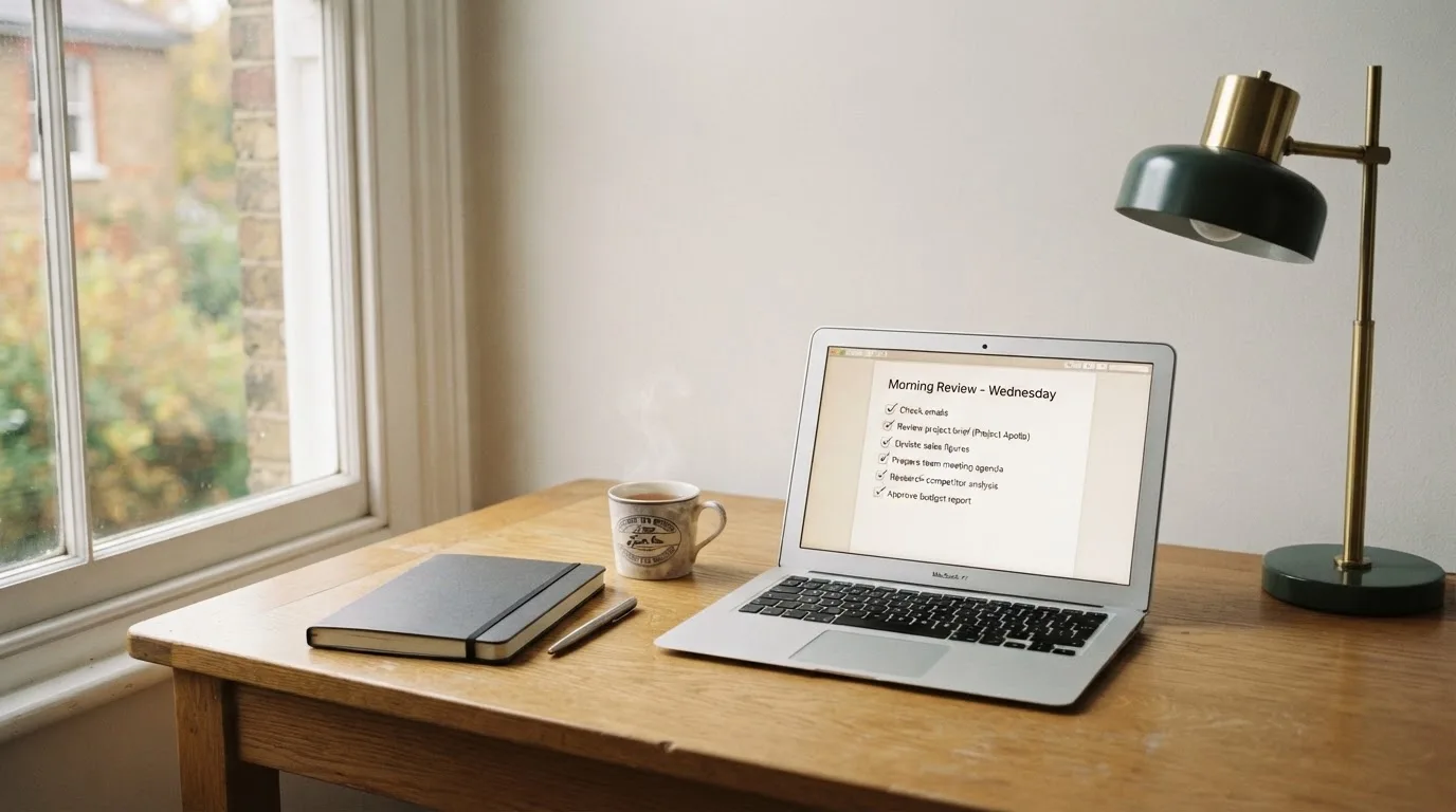 A tidy desk with a notebook, a mug of tea and a laptop open to a checklist, morning light through a window.