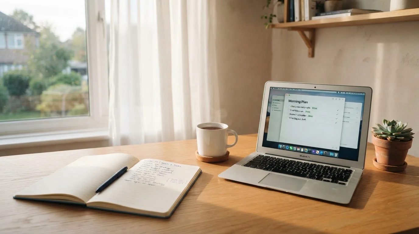 A tidy desk with a notebook, a mug of tea and a laptop open to a checklist, morning light through a window.