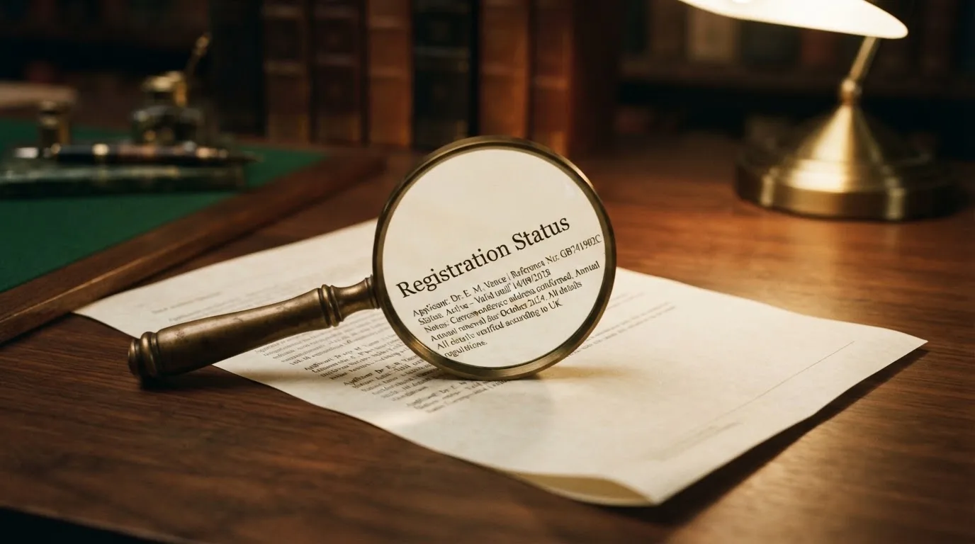 A magnifying glass rests over a printed regulatory certificate on a wooden desk.