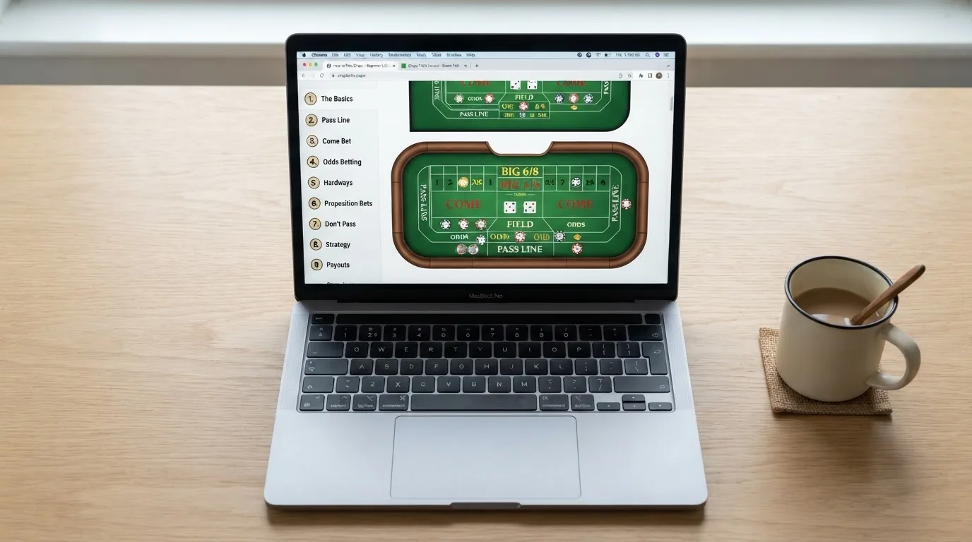 A laptop on a home desk showing a UK online casino comparison page open beside a notepad, with a craps table layout diagram on a laptop visible in a browser tab list