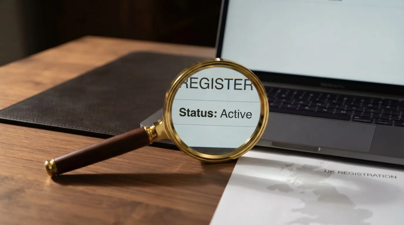 A magnifying glass held over a printed gambling licence certificate on a desk, with a UK map faintly visible in the background