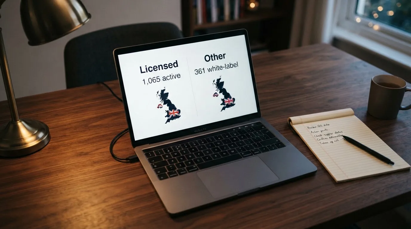 A laptop on a home desk showing a UK online casino comparison page open beside a notepad, with a laptop showing a foreign-registered website's homepage visible in a browser tab list