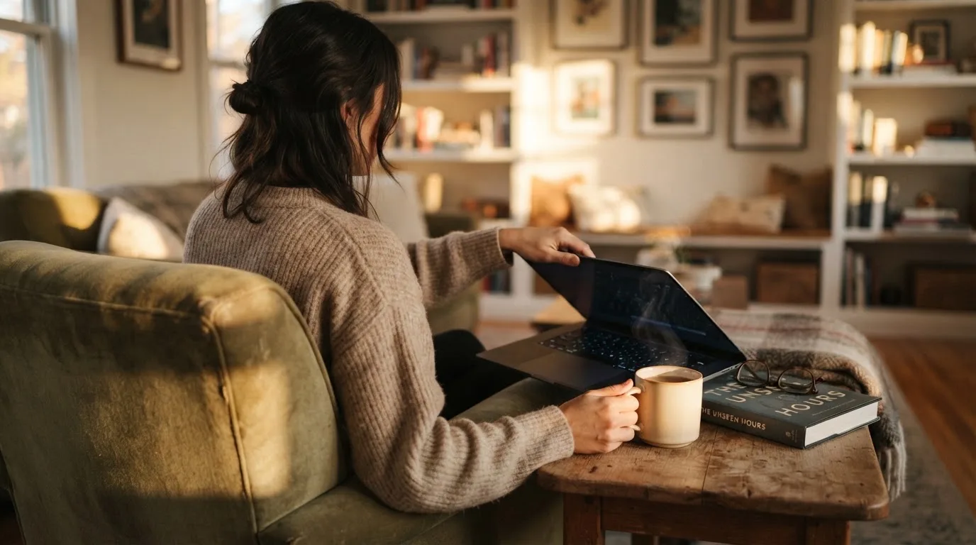 A person closing a laptop beside a cup of tea