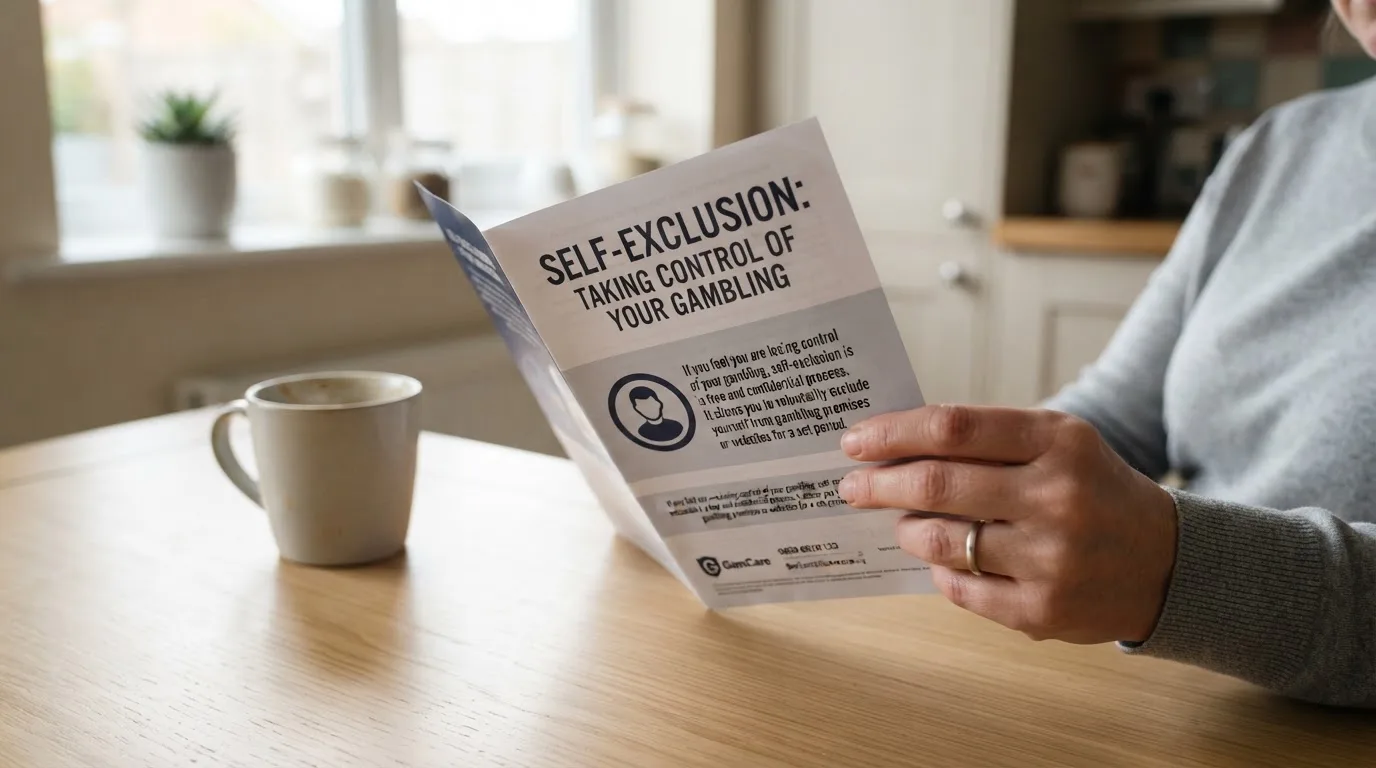 A person reading a self-exclusion leaflet at a kitchen table