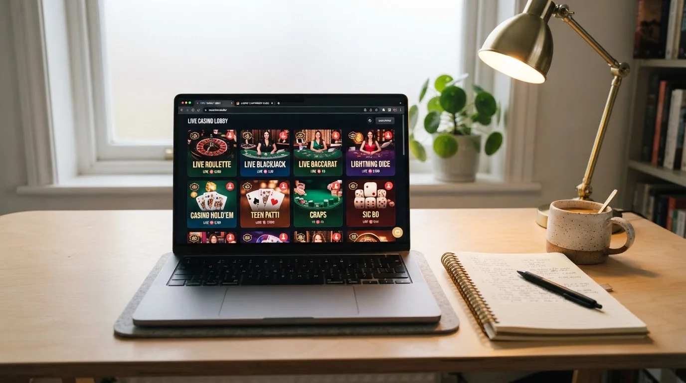 A laptop on a home desk showing a UK online casino comparison page open beside a notepad, with a laptop showing a live casino lobby with several table thumbnails visible in a browser tab list
