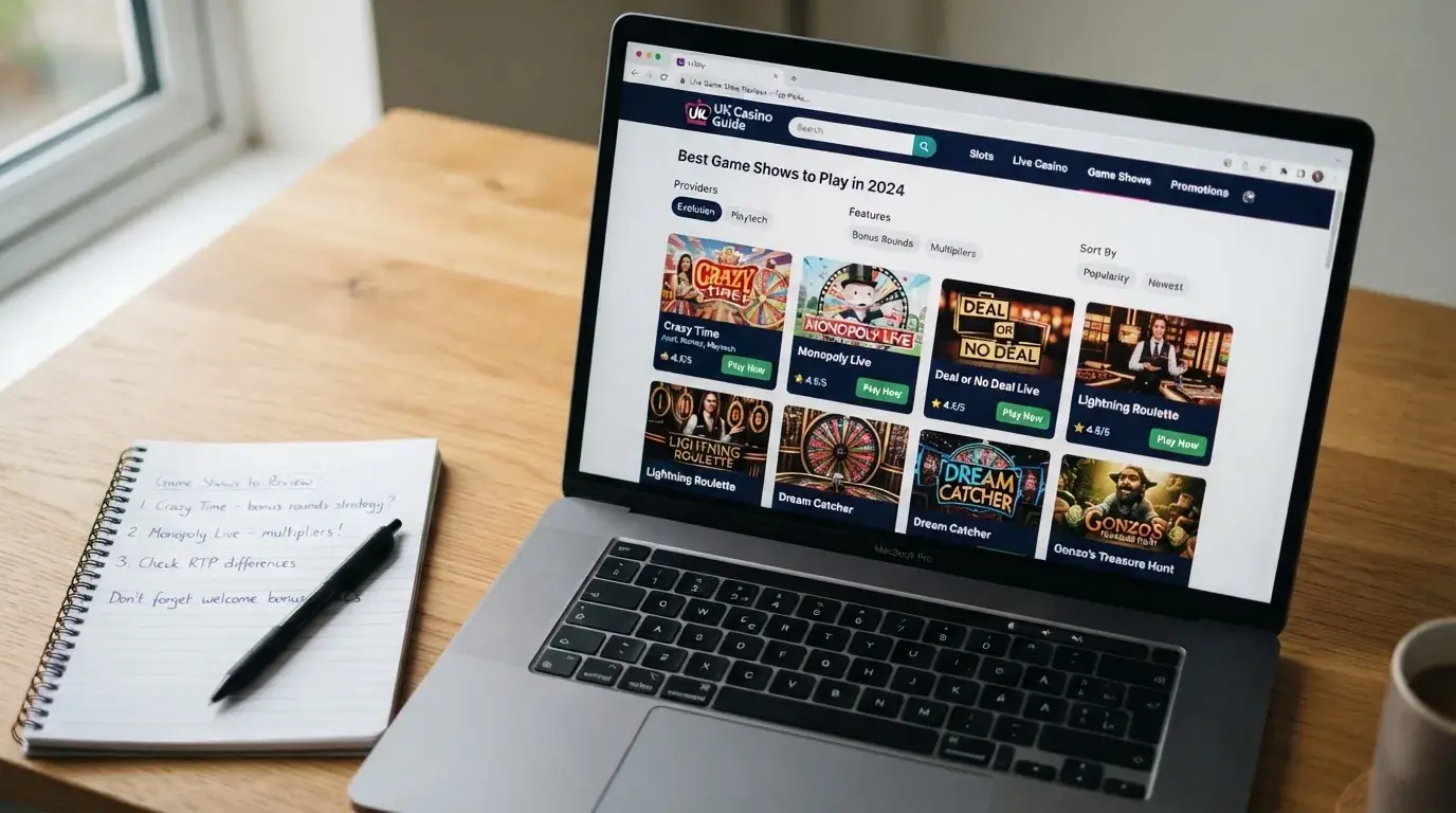 A laptop on a home desk showing a UK online casino comparison page open beside a notepad, with a laptop showing a live casino game show lobby page visible in a browser tab list