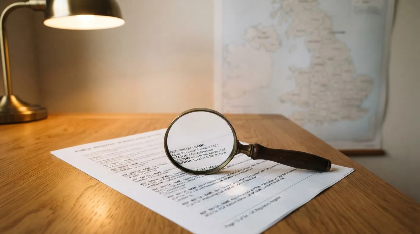 A magnifying glass held over a printed gambling licence certificate on a desk, with a UK map faintly visible in the background