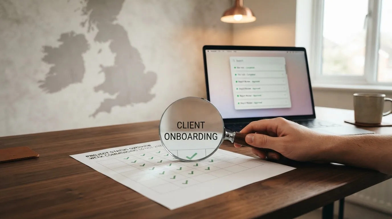 A magnifying glass held over a printed gambling licence certificate on a desk, with a UK map faintly visible in the background