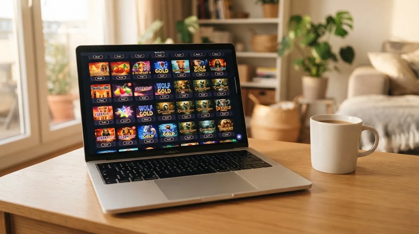 A laptop on a desk displaying a grid of slot game thumbnails in a casino lobby.