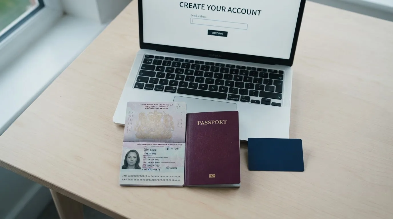 A UK passport and a bank card resting beside a laptop showing an account sign-up screen.