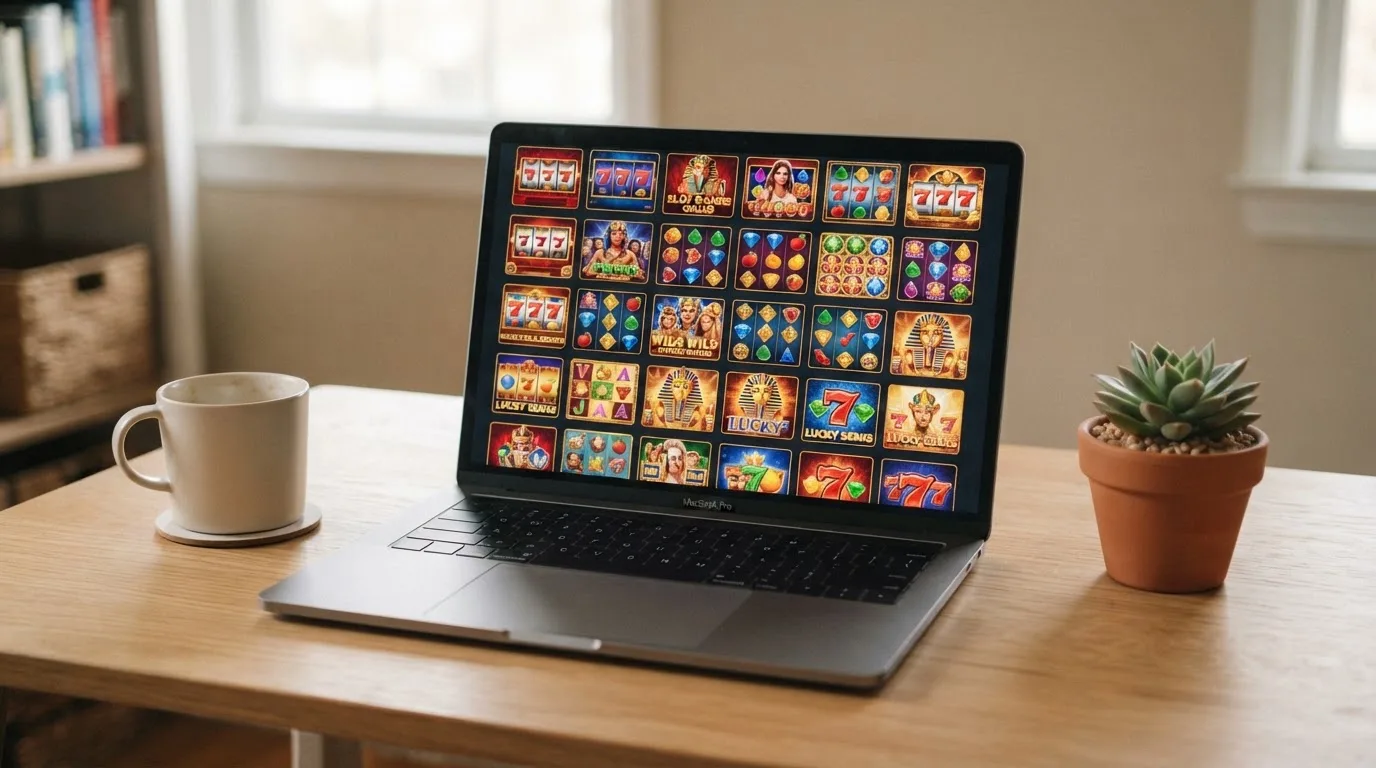 A laptop on a desk displaying a grid of slot game thumbnails in a casino lobby.