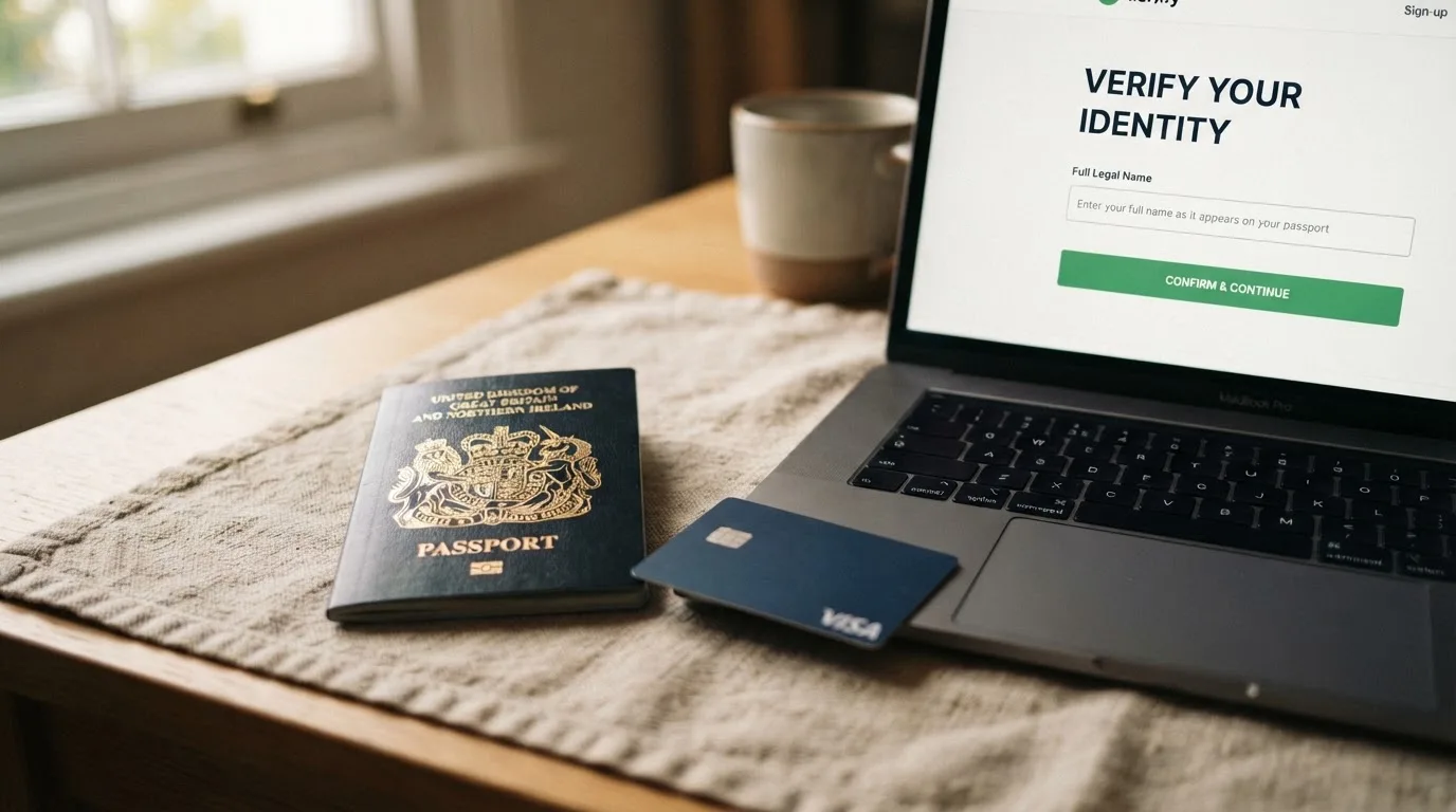 A UK passport and a bank card resting beside a laptop showing an account sign-up screen.